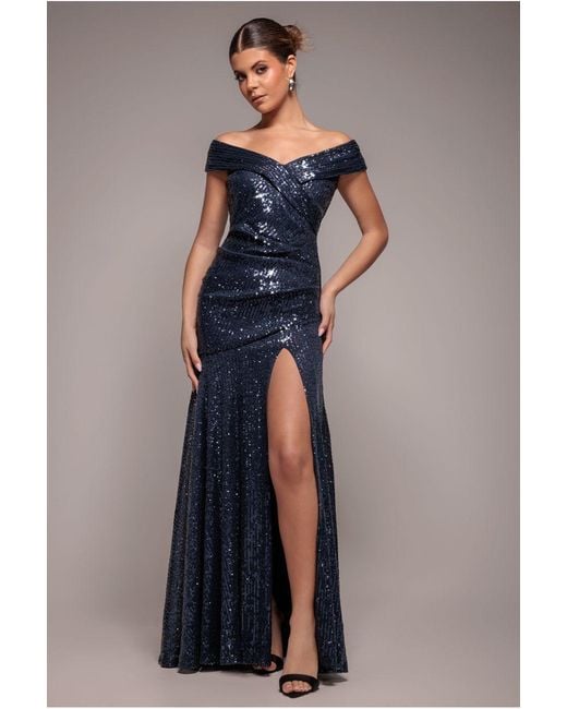 Goddiva Blue Bardot Sequin Pleated Maxi Dress