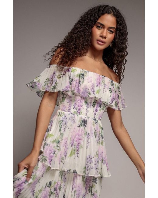 Goddiva Pink Shirred Chiffon Floral Bardot Midi