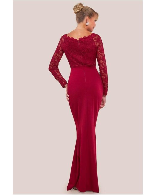 Goddiva Red Scalloped Lace & Scuba Maxi Dress