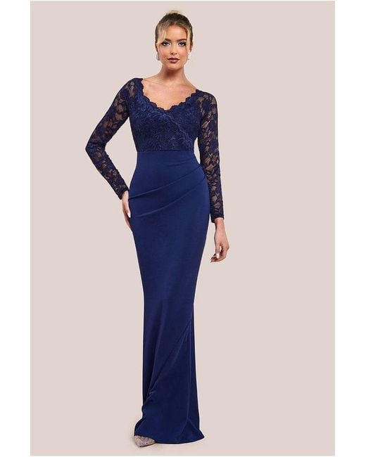 Goddiva Blue Scalloped Lace & Scuba Maxi Dress