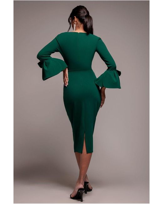 Goddiva Green Petal Bow Sleeve Frill Midi Dress