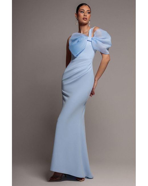 Goddiva Black Organza Bow One Shoulder Scuba Crepe Maxi Dress