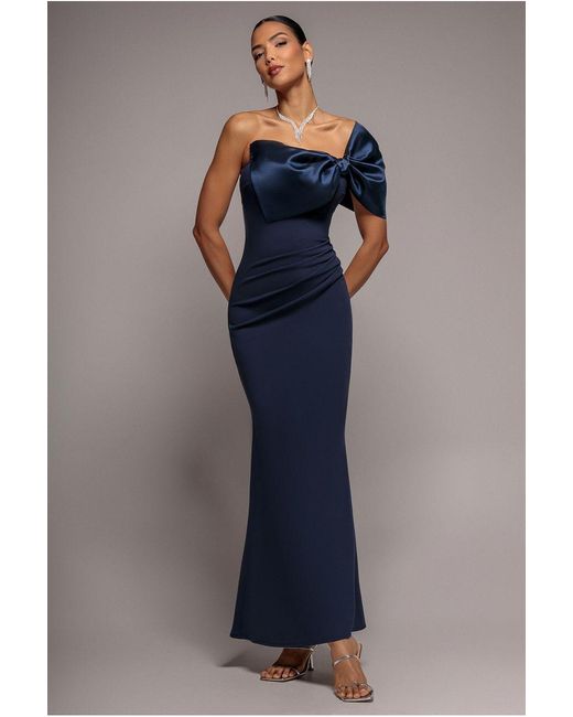 Goddiva Blue Off The Shoulder Satin Bow Neck Maxi Dress