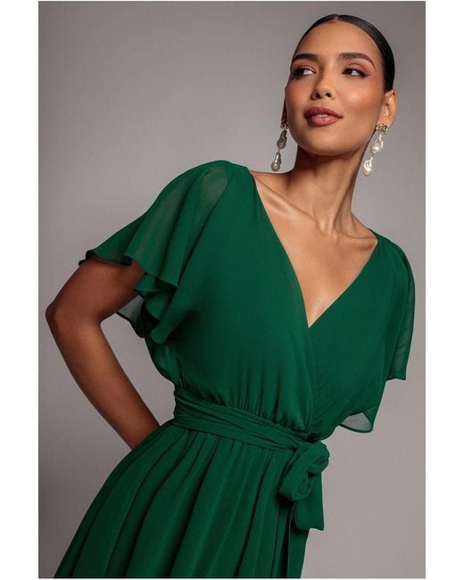 Goddiva Blue Sustainable Flutter Sleeve Chiffon Wrap Midi Dress