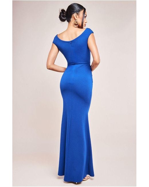 Goddiva Blue Bardot Pleated Maxi With Metal Trim Maxi Dress
