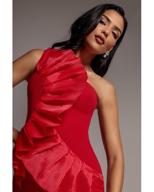 Goddiva Red One Shoulder Pleated Fan Maxi