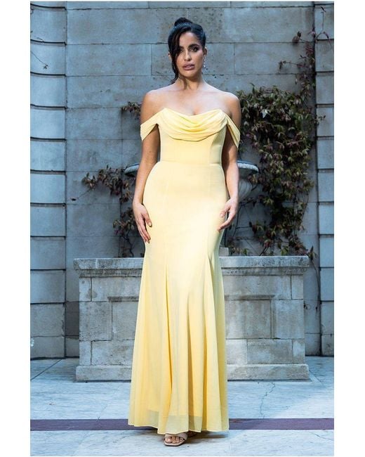 Goddiva Yellow Chiffon Bardot Cowl Neck Maxi Dress