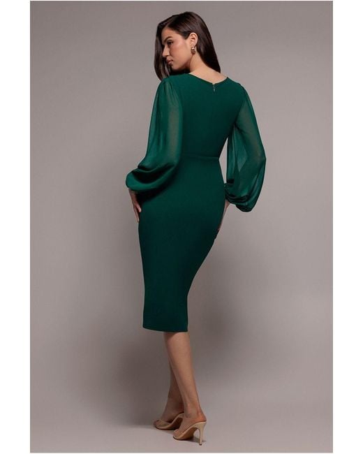 Goddiva Green Scuba & Chiffon Balloon Sleeve Wrap Midi Dress