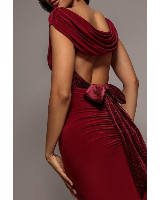Goddiva Gray Open Back Cowl Neck Gathered Maxi Dress With Velvet Tie Back