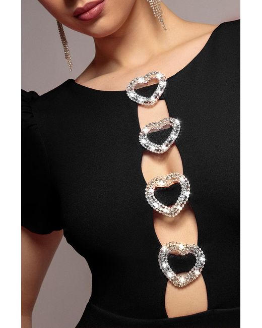 Goddiva Black Diamante Embellished Heart Brooch Scuba Maxi Dress