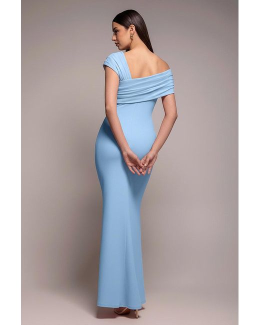 Goddiva Blue One Shoulder Asymmetric Scuba Crepe Maxi Dress