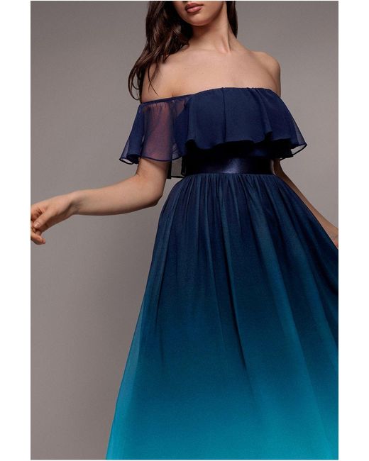 Goddiva Blue Ombre Chiffon Bardot Frill A-Line Maxi Dress