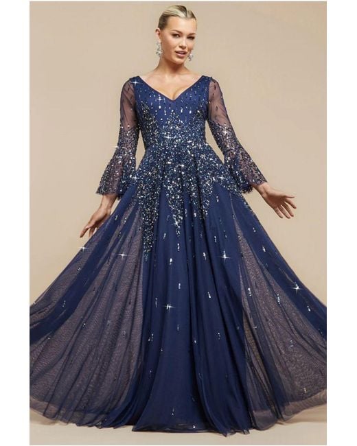 Goddiva Blue Sunray Hand Embellished Sequin A-Line Bell Sleeve Maxi Dress