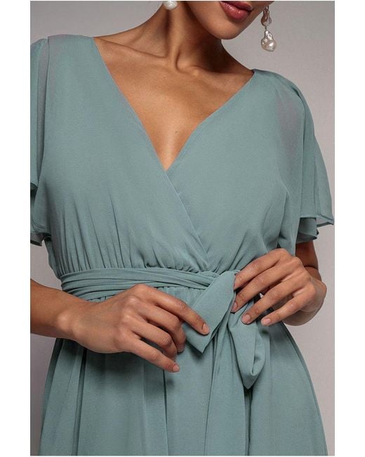 Goddiva Blue Sustainable Flutter Sleeve Chiffon Wrap Midi Dress