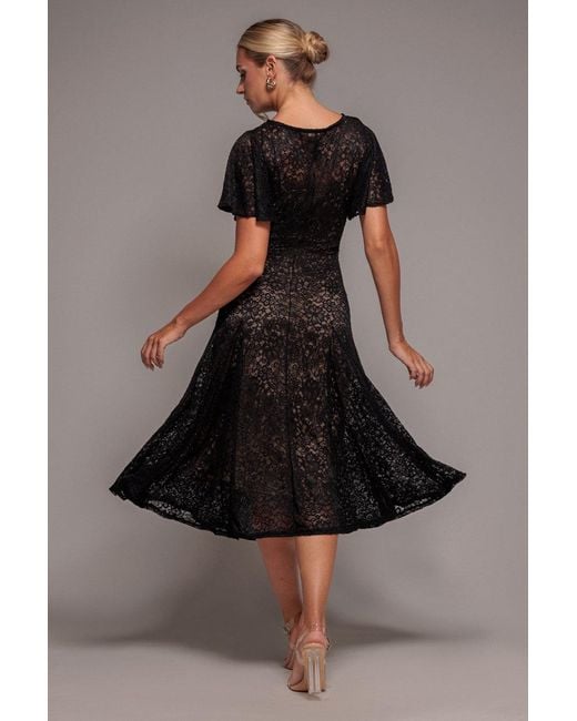 Goddiva Black Flutter Sleeve Lace A-Line Midi Dress