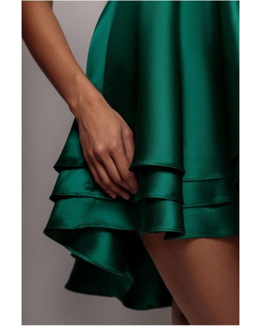 Goddiva Blue Sequin And Satin Tiered Hi-Low Mini Skater Dress