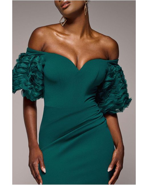 Goddiva Green Off The Shoulder 3D Puffed Sleeve Sweetheart Maxi Dress