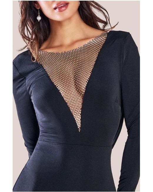 Goddiva Blue Diamante Fishnet Cowl Back Maxi