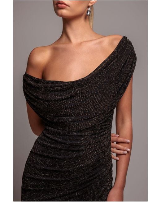 Goddiva Multicolor Sparkle Lurex Cowl Neck Off The Shoulder Maxi Dress