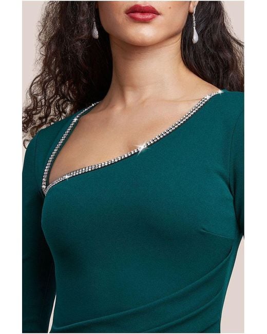 Goddiva Green Asymmetric Neck Diamante Embellished Maxi Dress