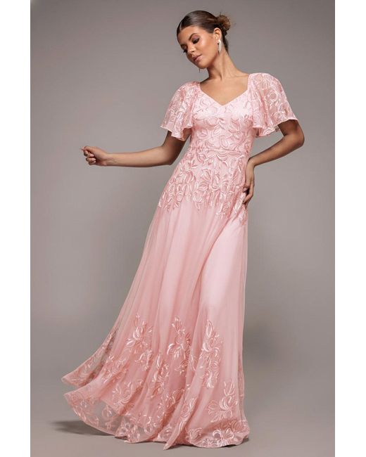 Goddiva Pink Lace Flutter Sleeve Embroidered Mesh A Line Maxi Dress