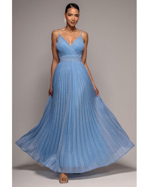 Goddiva Blue Sleeveless Pleated A Line Lurex Maxi Dress