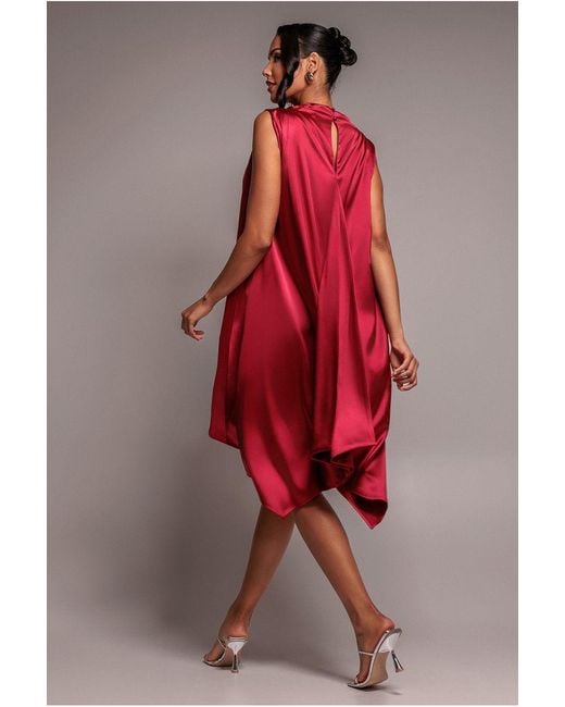 Goddiva Red Cowl Neck Back Wing Satin High Low Midi Dress