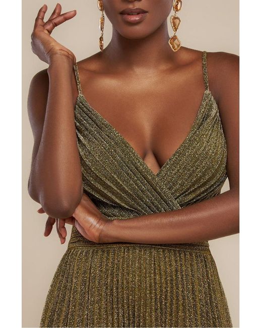 Goddiva Green Sleeveless Pleated A Line Lurex Maxi Dress