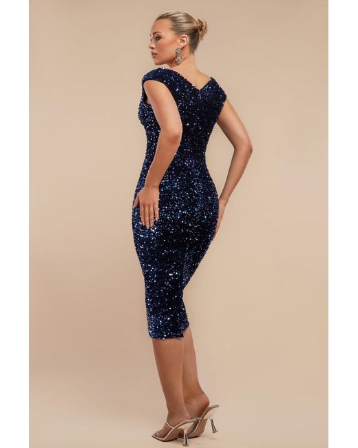 Goddiva Blue Multi Sequin & Velvet Bardot Midi Dress