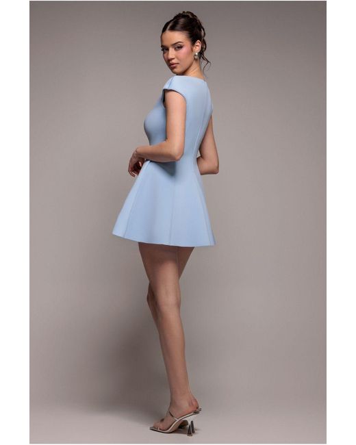 Goddiva Blue Cap Sleeve Plunging V-Neckline Skater Mini Dress