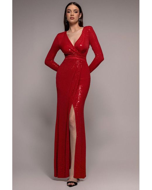 Goddiva Red Sequin Glitter Lurex Long Sleeve Wrap Maxi Dress