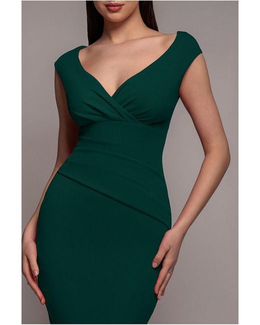 Goddiva Green Bardot Pleated Midi Dress