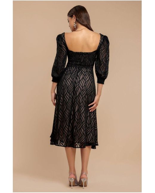 Goddiva Blue Puff Sleeve Side Slit Flared Jacquard Chiffon Midi Dress