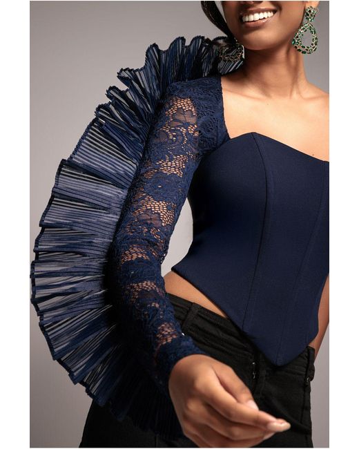 Goddiva Blue One Shoulder Fan Pleat Frill Corset Top