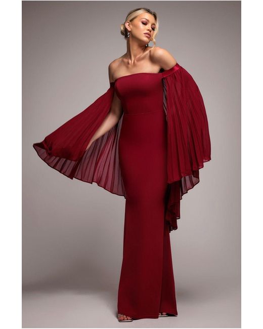 Goddiva Red Strapless Maxi Dress With Pleated Chiffon Cape