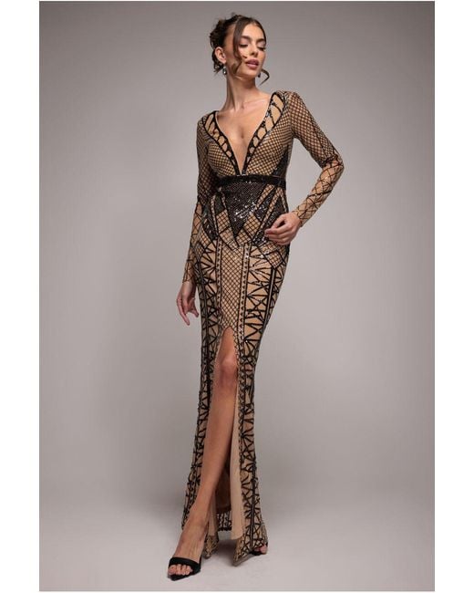Goddiva Natural Geometric Sequin Plunge Maxi