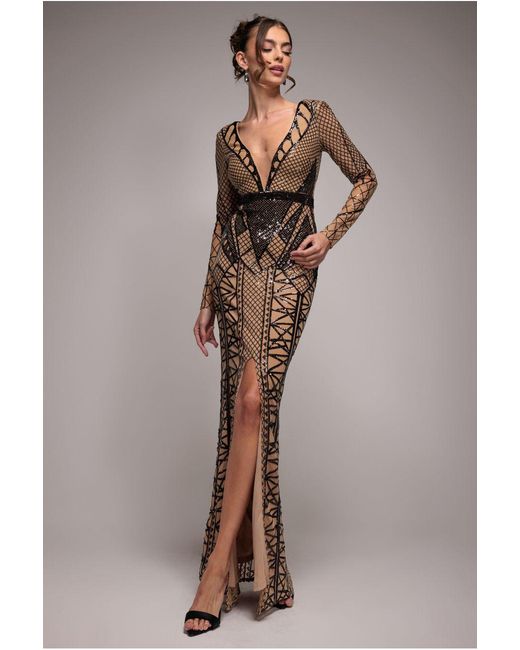 Goddiva Natural Geometric Sequin Plunge Maxi