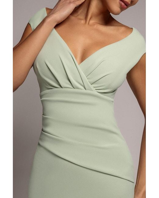 Goddiva Gray Bardot Pleated Maxi Dress
