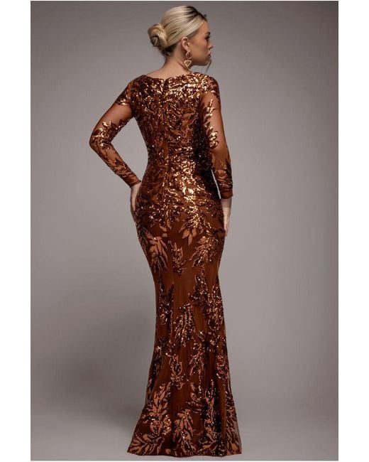 Goddiva Brown Sequin Leaf Long Sleeve Maxi Dress