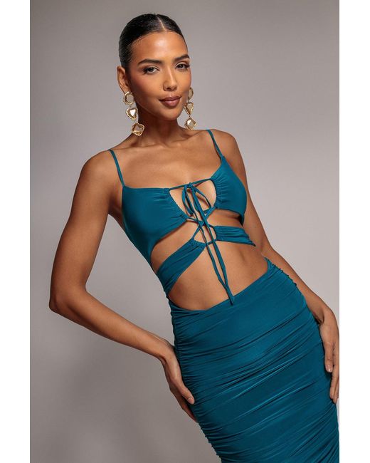 Goddiva Blue Cut Out Ruched Midi With Drawstring