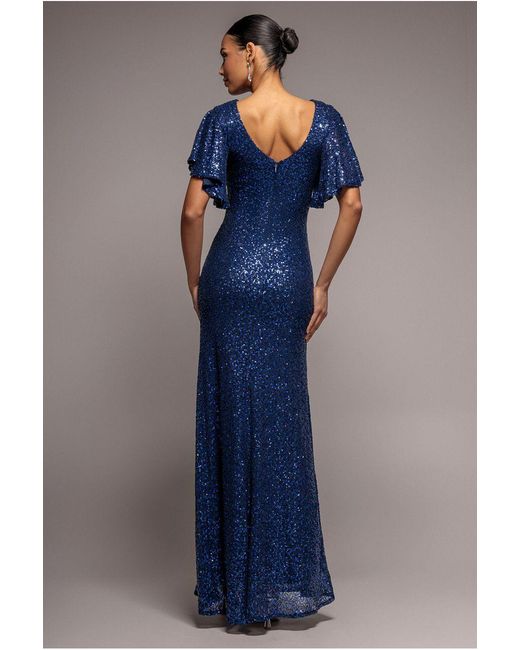 Goddiva Blue Sequin Flutter Sleeve Maxi