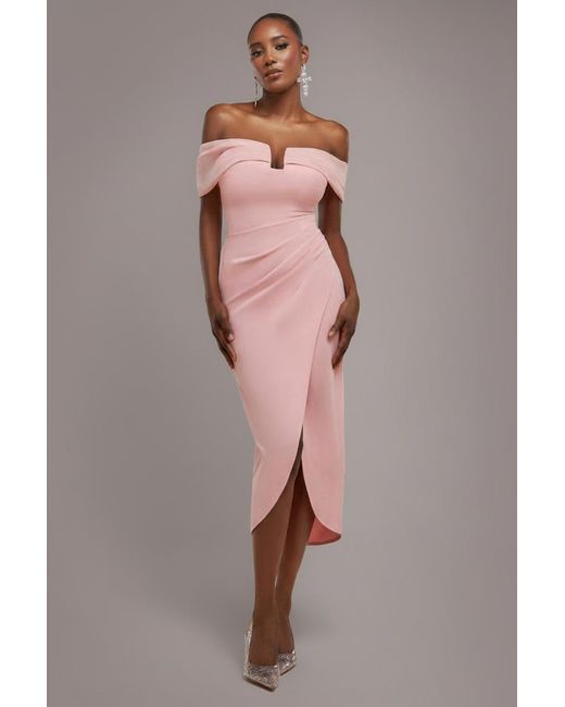 Goddiva Pink Off The Shoulder Chiffon Wing Scuba Crepe Midi Dress