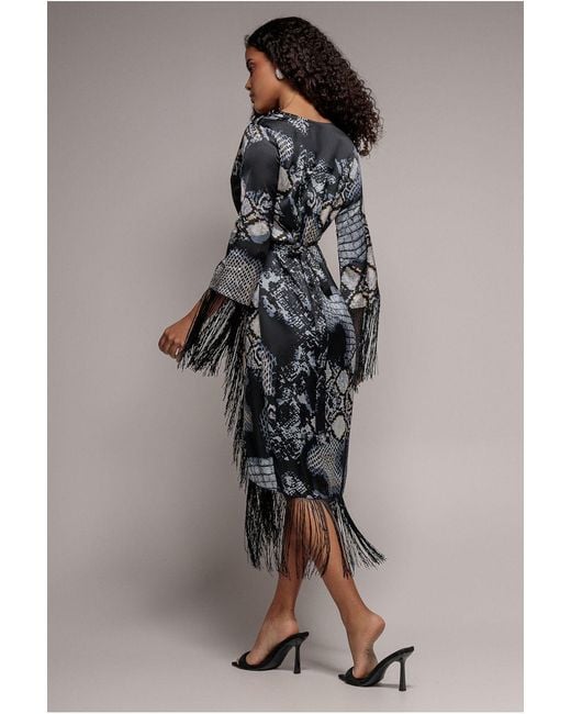 Goddiva Black Foil Print Wrap Midi With Tassels