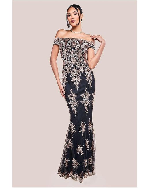 Goddiva Multicolor Bardot Sequin Embroidered Maxi Dress