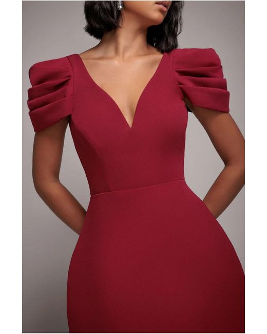Goddiva Red Plunging Neck Pleated Sleeve Scuba Mini Dress