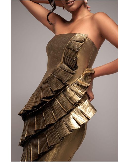 Goddiva Metallic Fan Pleated Boobtube Scuba Crepe Mini