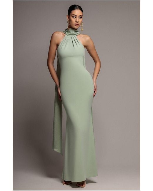 Goddiva Gray Scuba & Soft Satin Halterneck Maxi Dress With Back Sash
