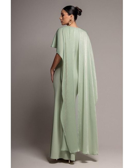 Goddiva Green Scoop Neck Velvet Satin Cape Sleeve Maxi Dress