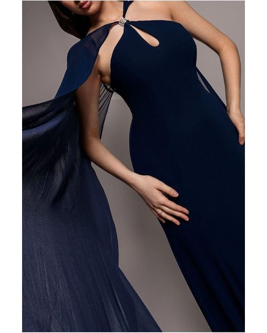 Goddiva Blue Multiway Cape Chiffon With Embellished Trim Maxi Dress