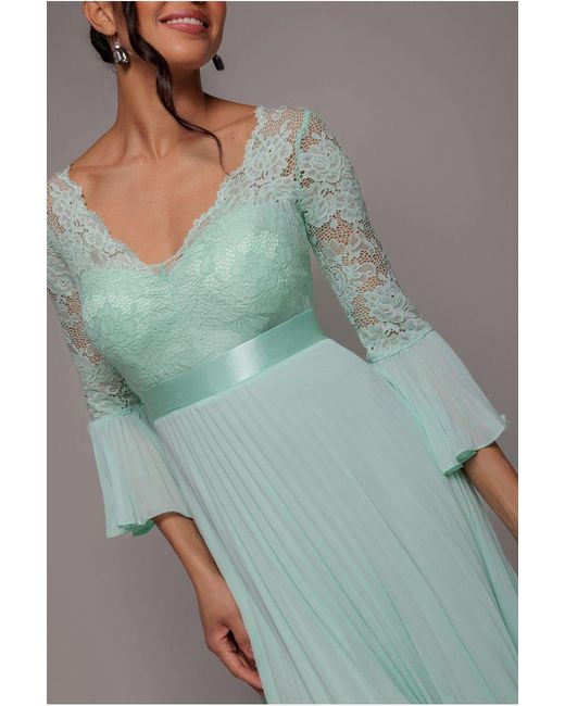 Goddiva Green Scalloped Lace Bodice Pleated Chiffon A Line Maxi Dress